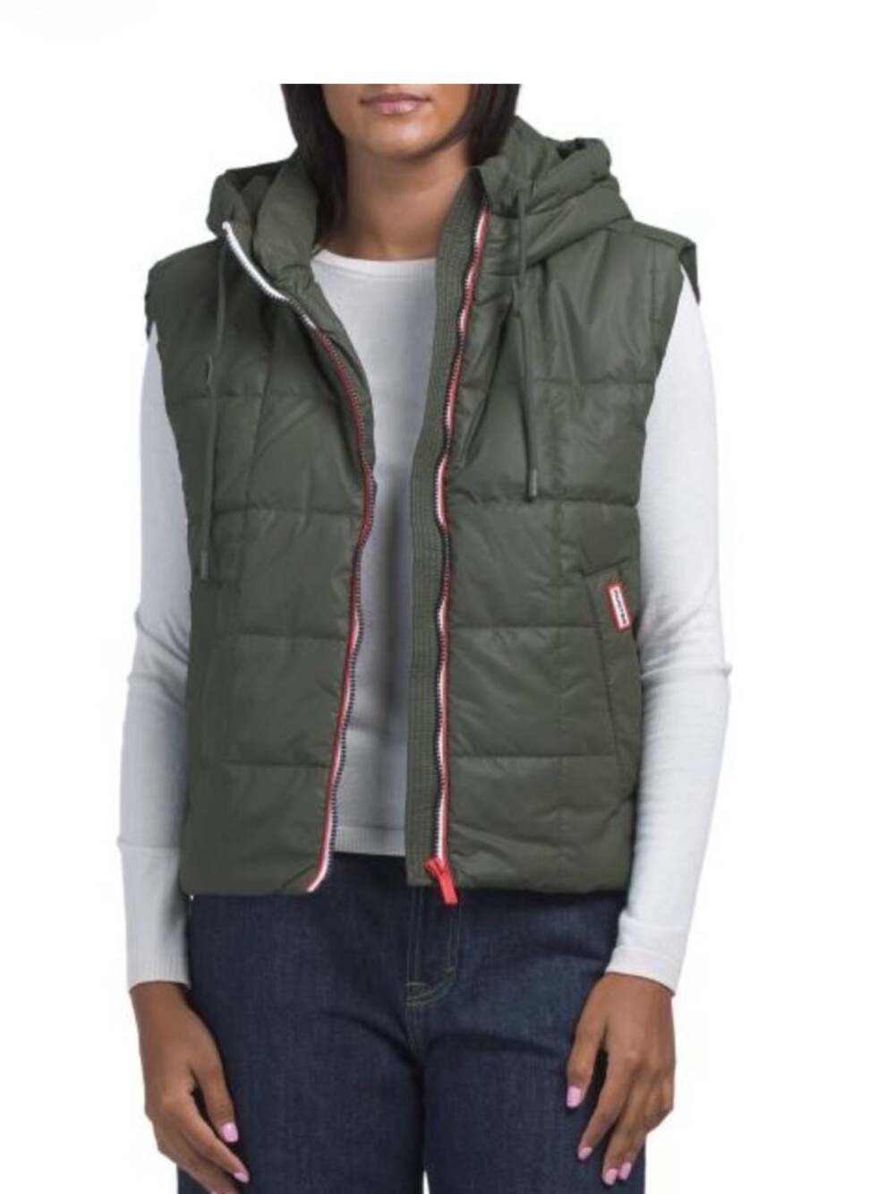 Hunter Olive Green Quilted Hooded Puffer Vest with Contrast Zip Trim snap